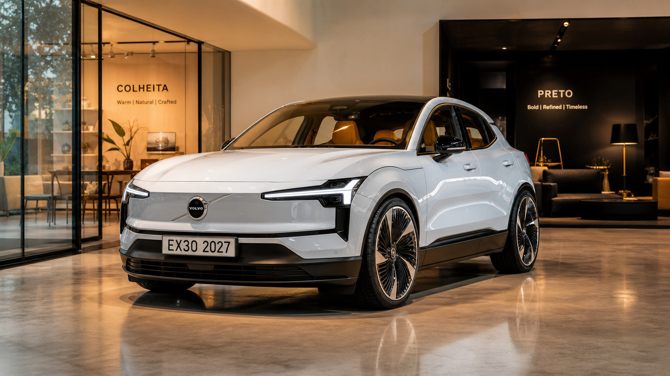 Carro elétrico Volvo EX30 branco em showroom moderno com interiores elegantes e iluminação quente.