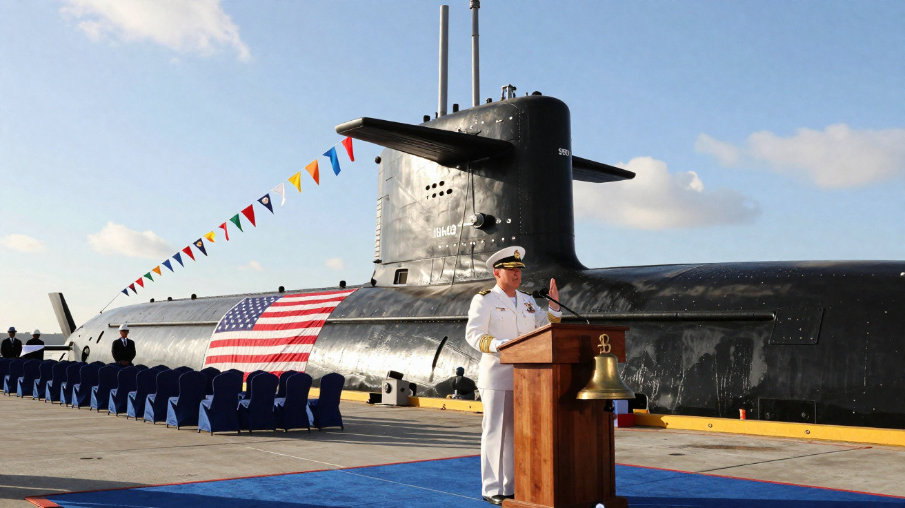 Oficial da marinha dos EUA discursando junto a submarino decorado com bandeira americana e faixas coloridas num cais.