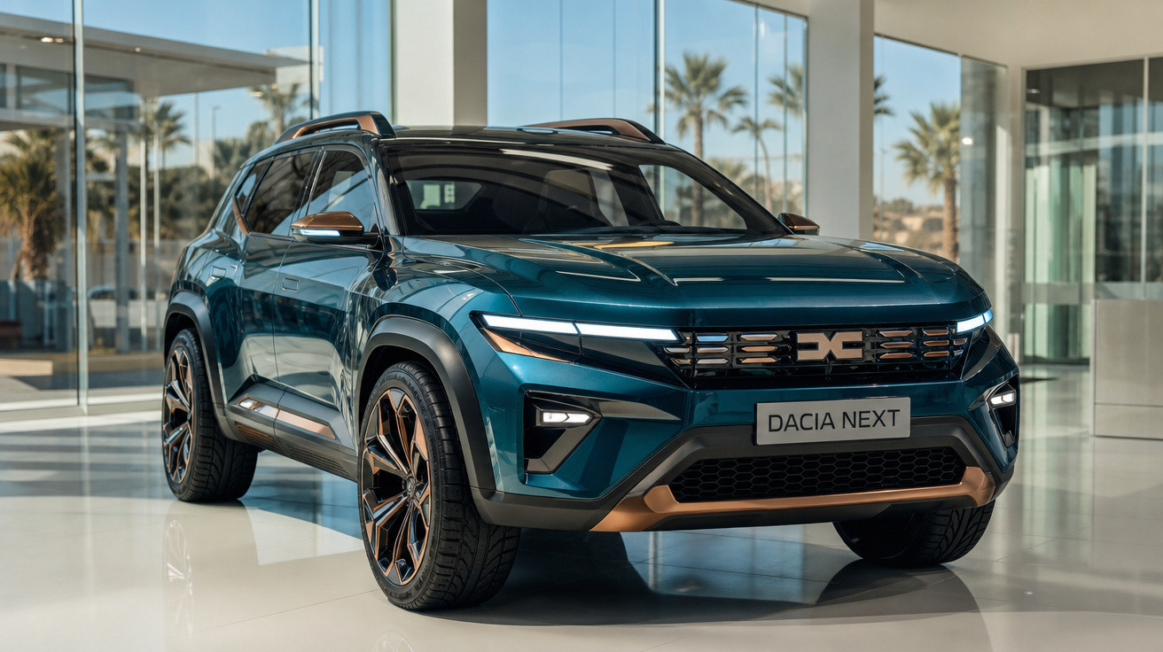SUV Dacia Next azul escuro em destaque numa sala de exposição com luz natural e paredes de vidro.
