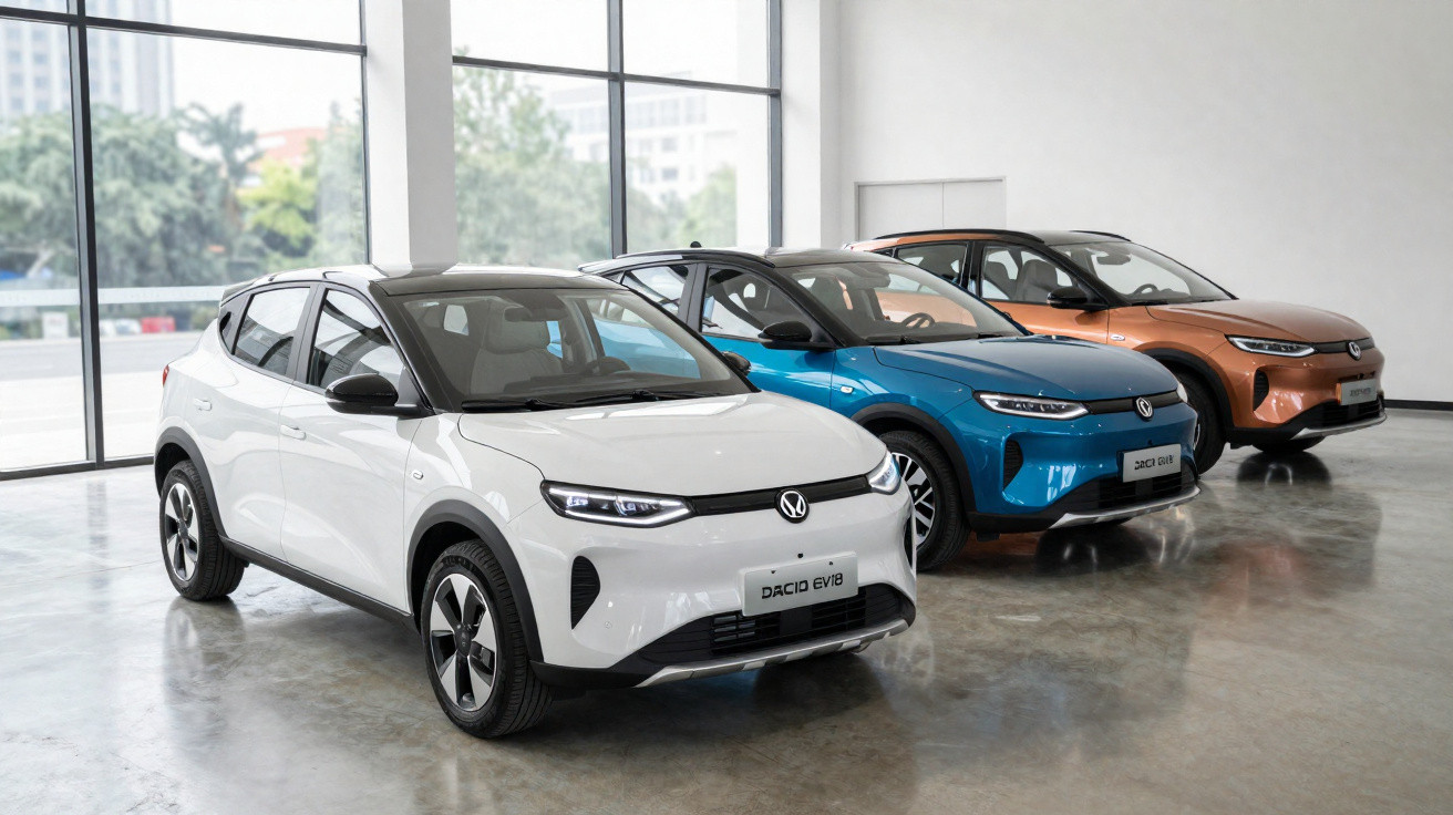 Três carros elétricos Dacia Spring EV8 em branco, azul e alaranjado, exibidos numa sala com chão de cimento.