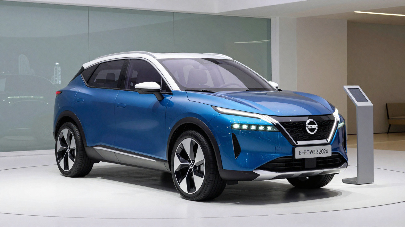 Carro elétrico Nissan E-Power 2026 azul em exposição numa sala iluminada.
