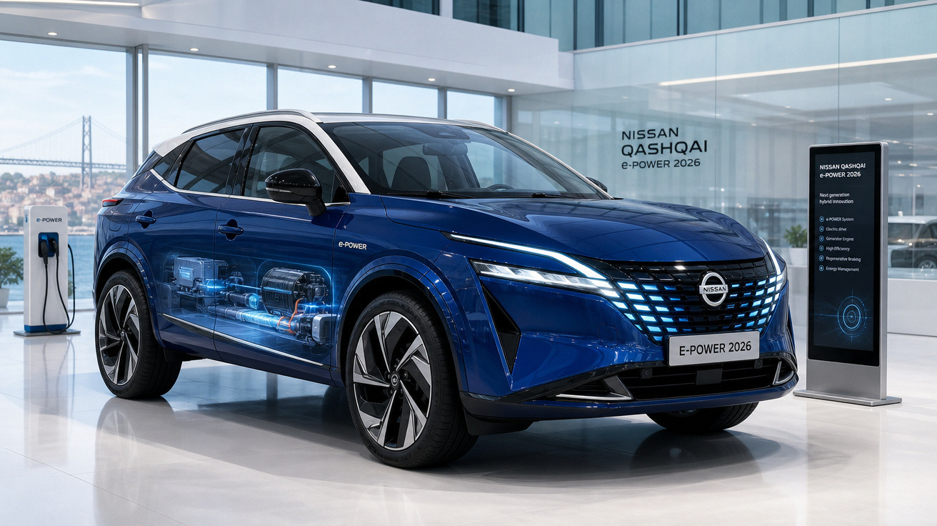 Carro elétrico Nissan Qashqai e-Power 2026 azul, exposto com detalhes tecnológicos visíveis na lateral.