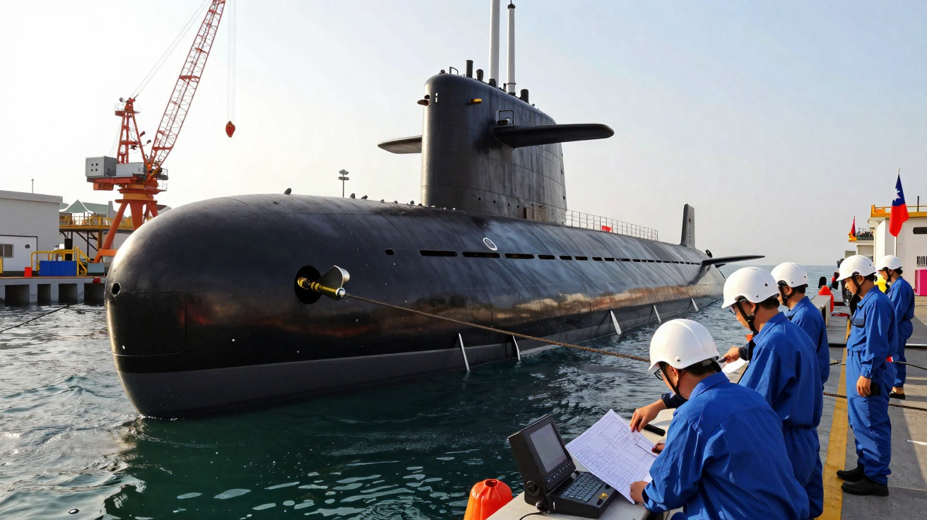 Submarino preto atracado com vários militares de azul e capacete branco a realizar inspeções na doca.