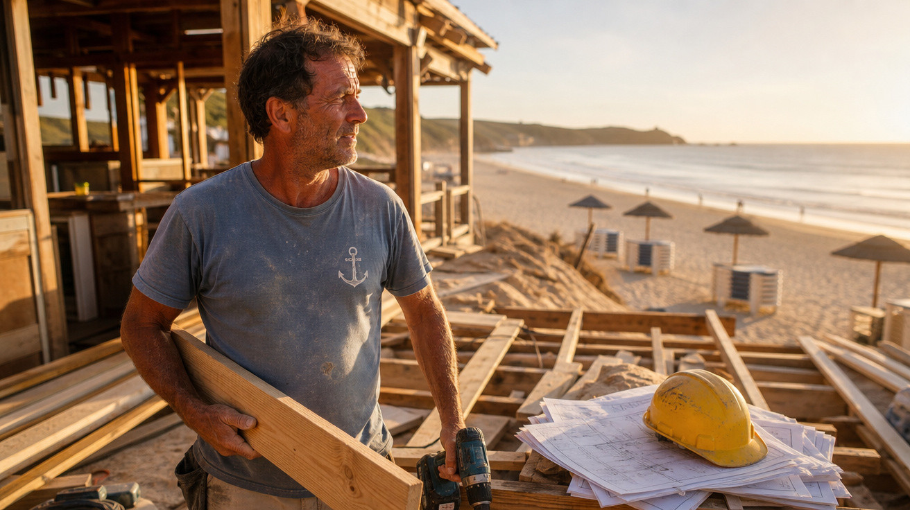 Homem a trabalhar numa obra na praia ao pôr do sol com plantações e capacete amarelo à frente.
