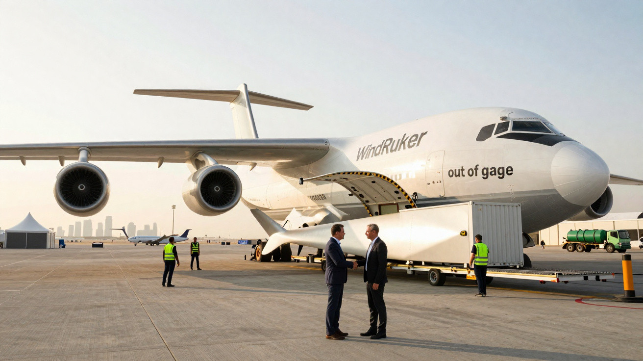 Avião de carga WindRaker no aeroporto com homens de negócios a cumprimentar-se em primeiro plano.