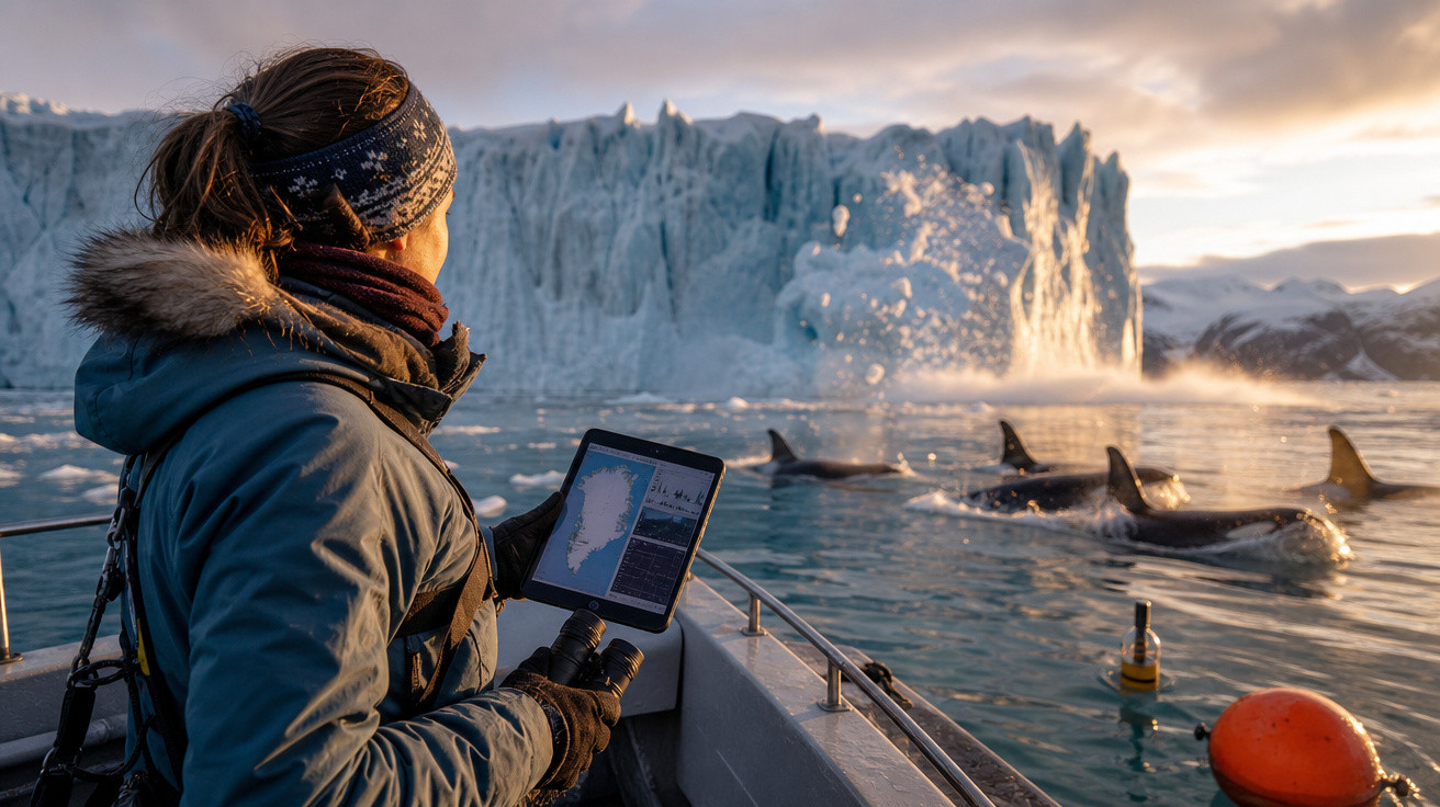 Pessoa com roupa quente observa orcas numa embarcação próxima a um grande glaciar ao pôr do sol.
