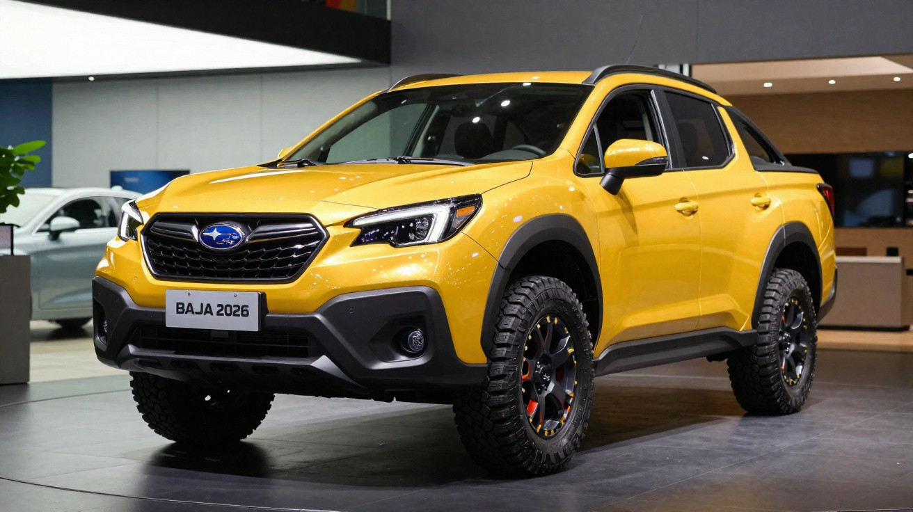 Carro pick-up Subaru BAJA 2026 amarelo em exposição numa feira automóvel, vista frontal lateral direita.