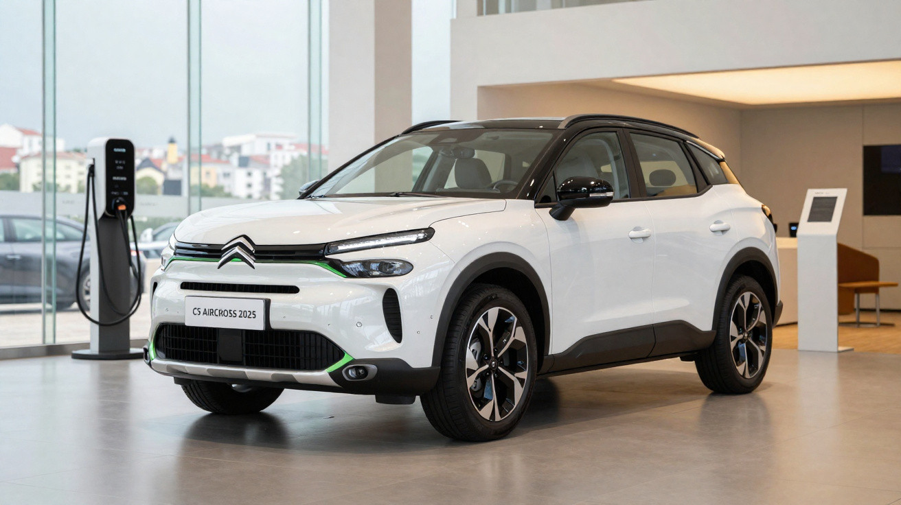 Carro Citroën C5 Aircross 2025 branco estacionado em showroom moderno junto a posto de carregamento elétrico.