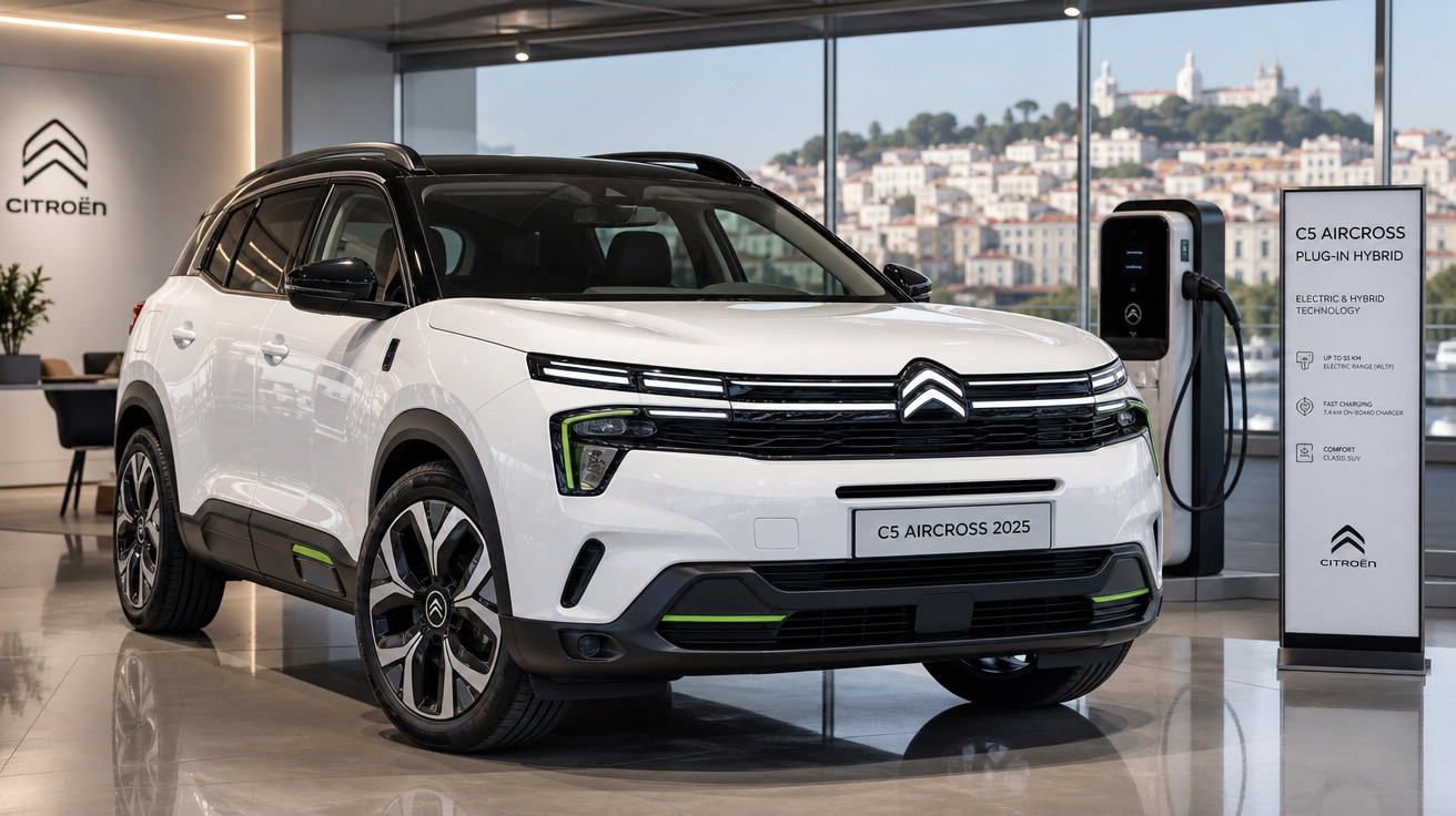 Carro Citroën C5 Aircross 2025 branco plug-in híbrido à exposição, próximo de posto de carregamento elétrico.