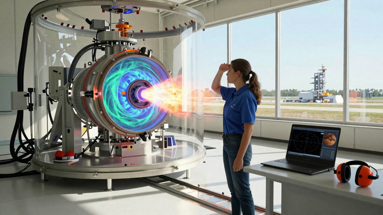 Mulher observa turbina futurista com luzes coloridas num laboratório moderno com janelas panorâmicas.
