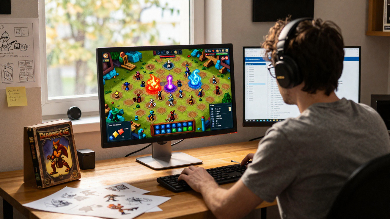 Jovem com auscultadores a jogar videojogo colorido num computador com dois ecrãs numa secretária de madeira.