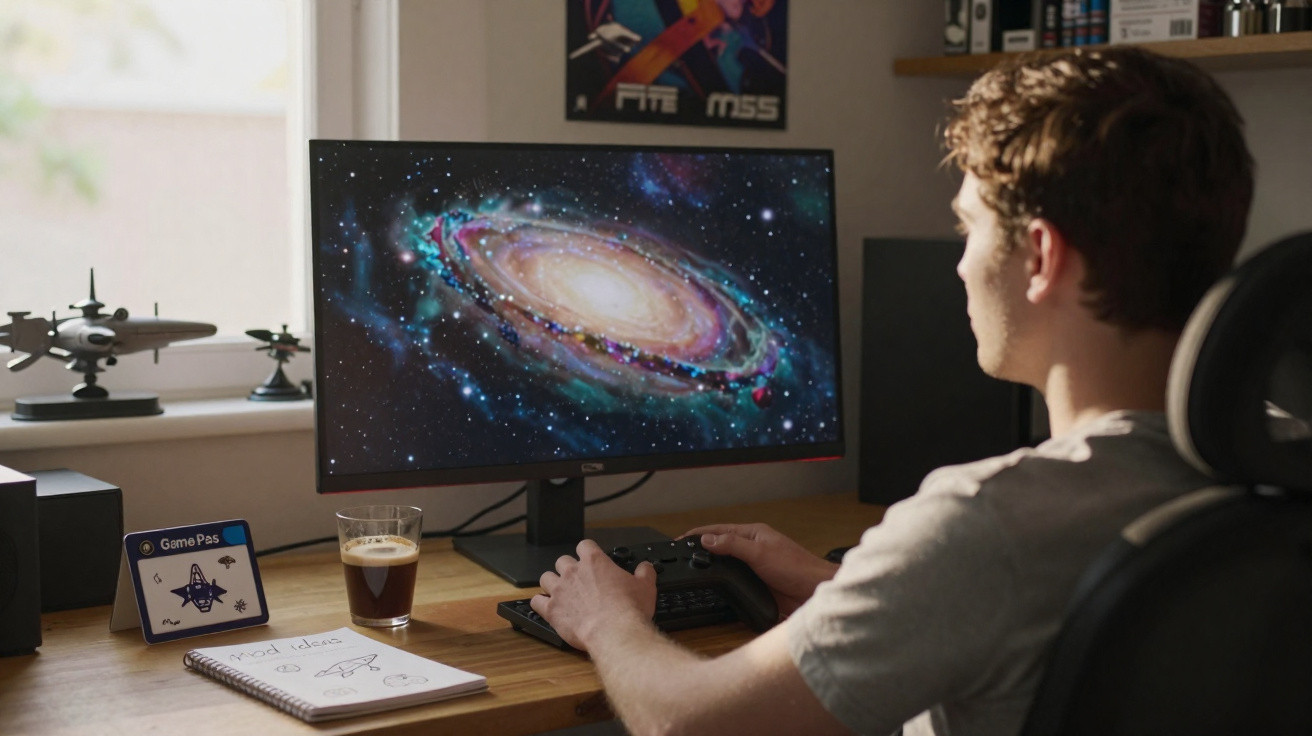 Jovem a jogar videojogo de exploração espacial num sofá, com um monitor a mostrar uma galáxia colorida.
