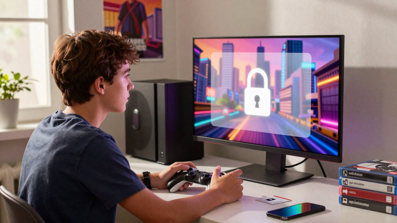 Jovem a jogar videojogos sentado à secretária, ecrã mostra cadeado indicando acesso bloqueado.
