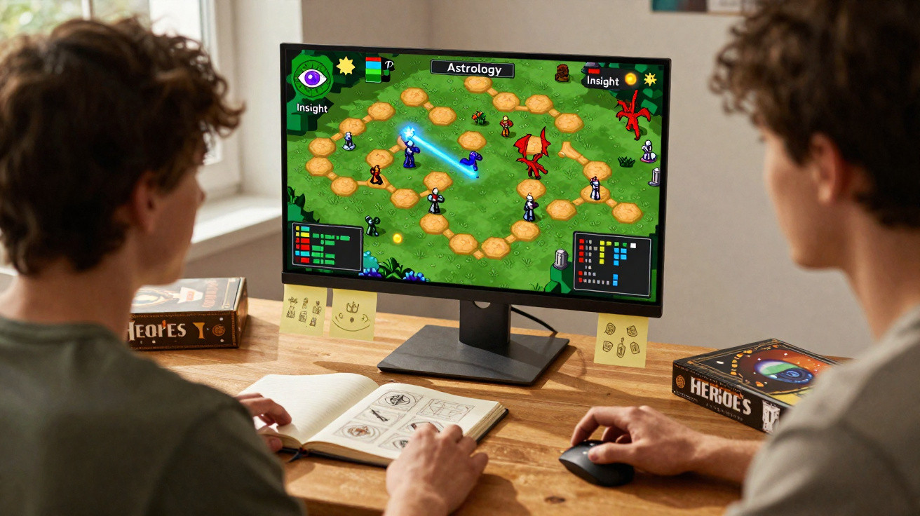 Duas pessoas a jogar jogo de estratégia no computador, com livro e caderno à mesa de madeira.