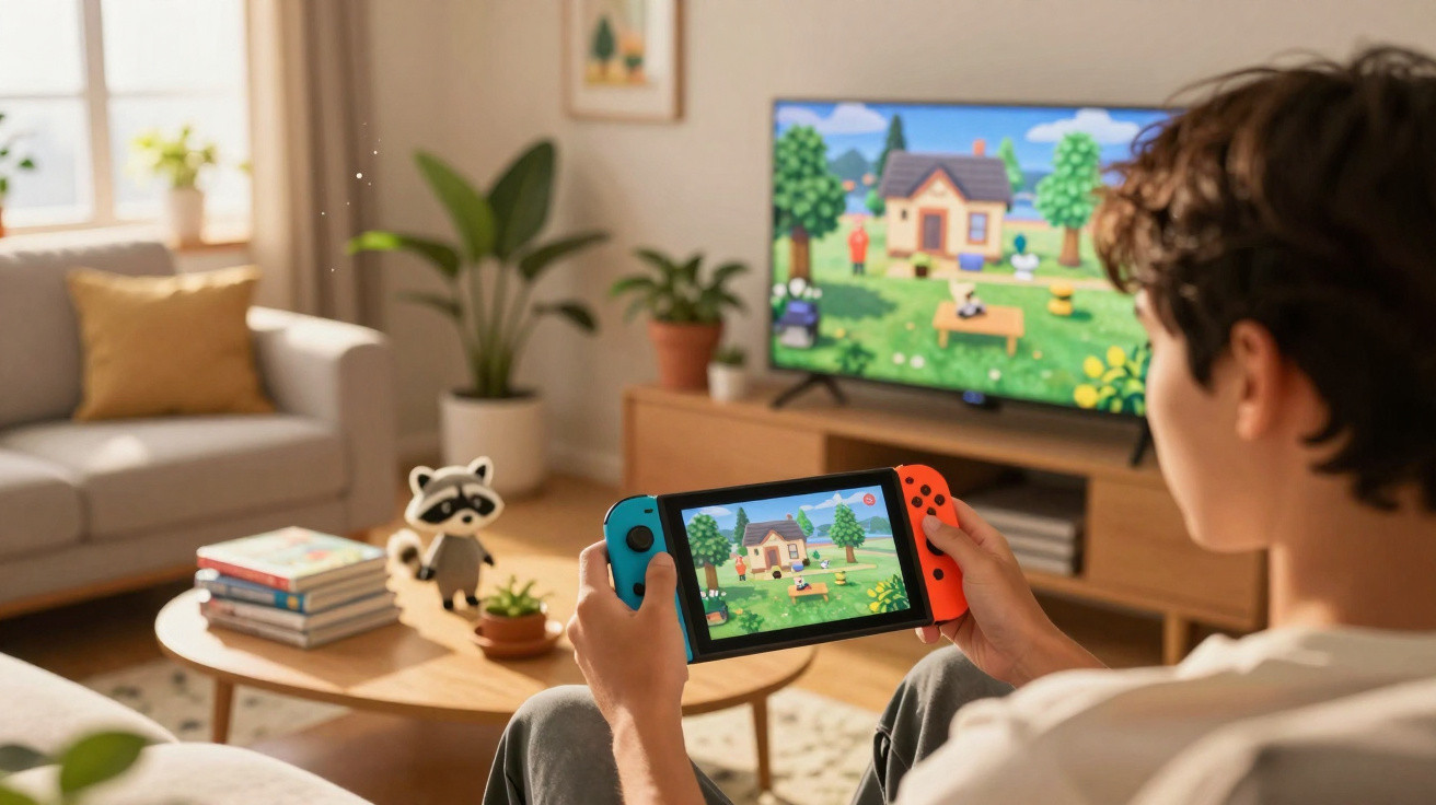 Pessoa a jogar videojogo na consola portátil numa sala de estar com televisão e decoração moderna.