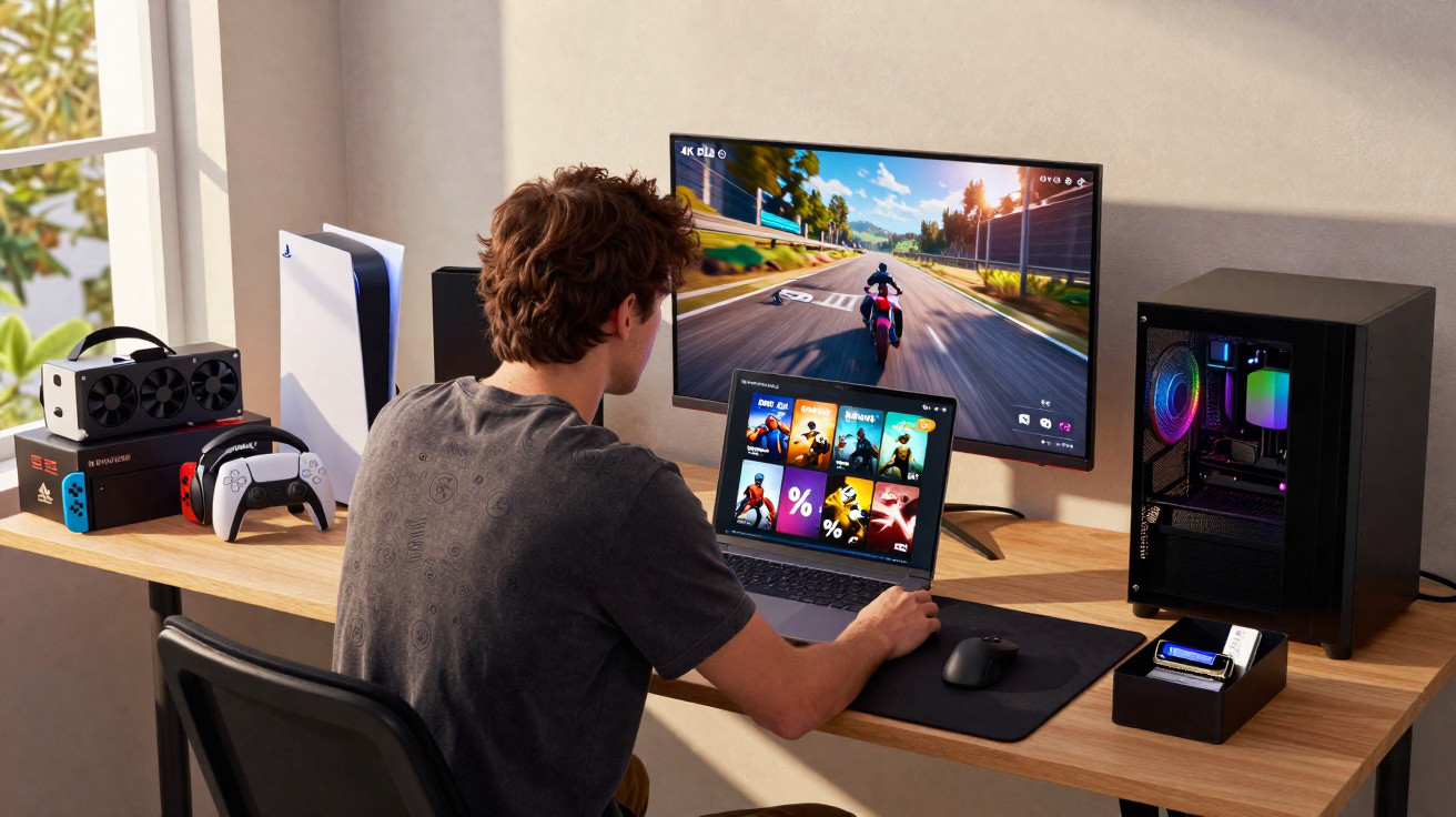 Jovem sentado num escritório a jogar videojogos numa televisão e a escolher jogos num portátil.