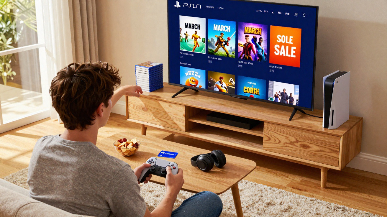 Jovem sentado no chão a jogar numa consola PlayStation 5 com TV e comandos na sala de estar.