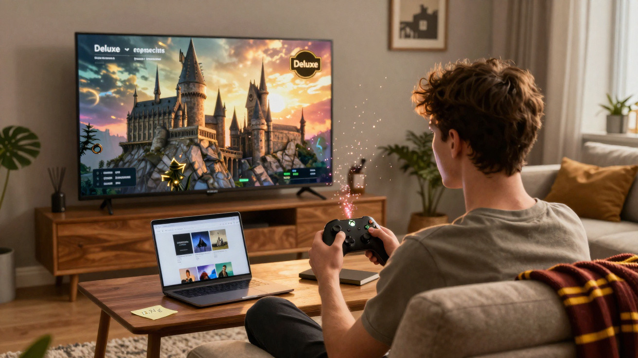 Jovem sentado no sofá a jogar videojogo de castelo numa televisão grande, com portátil aberto numa mesa à frente.