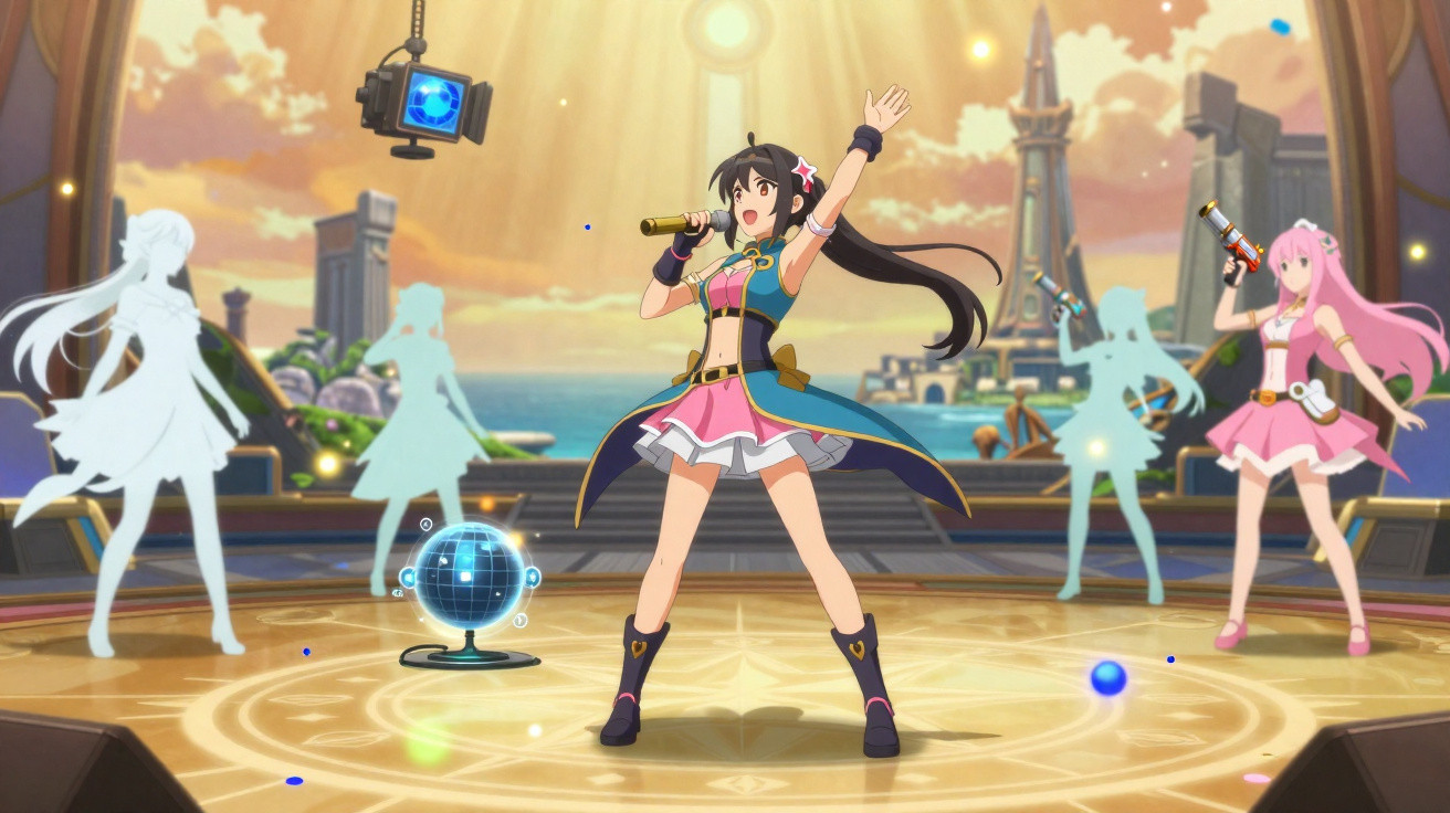 Personagem anime a cantar no palco com outras figuras e um cenário de praia ao fundo.