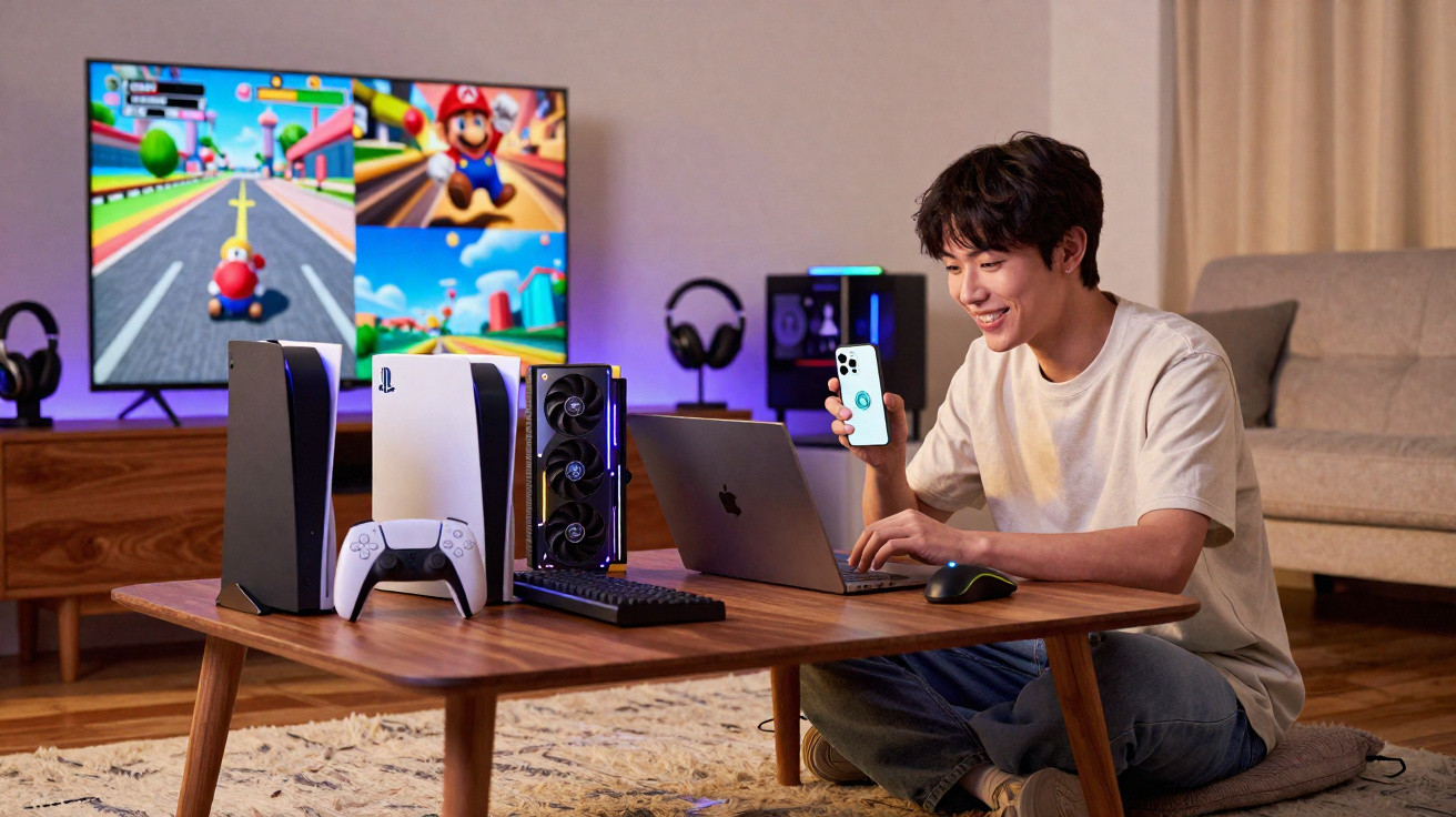 Homem jovem sorri enquanto usa portátil, com consolas e jogo de Mario Kart visível na televisão.