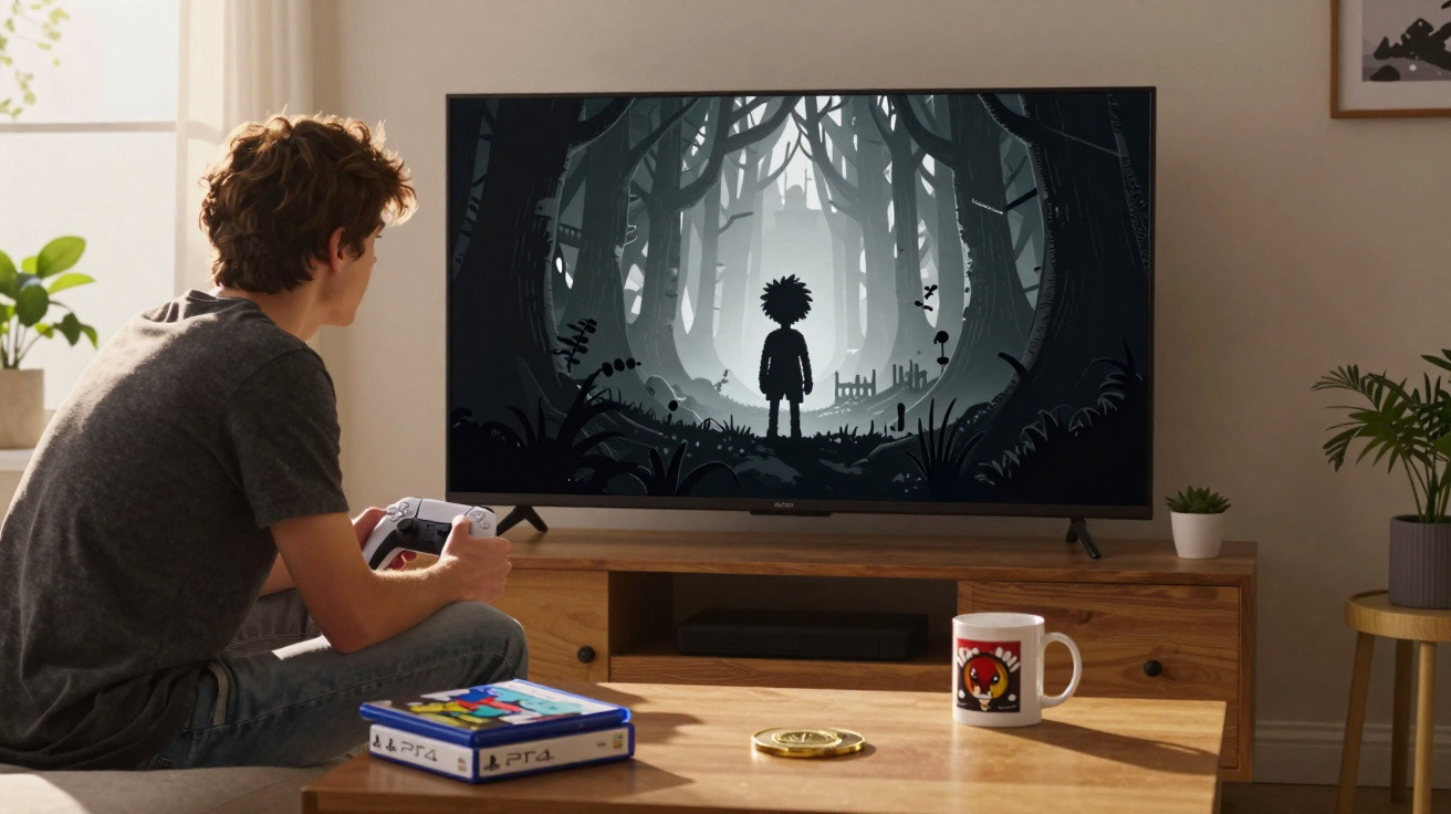 Jovem sentado no sofá a jogar videojogo com personagem sombria numa floresta na televisão.