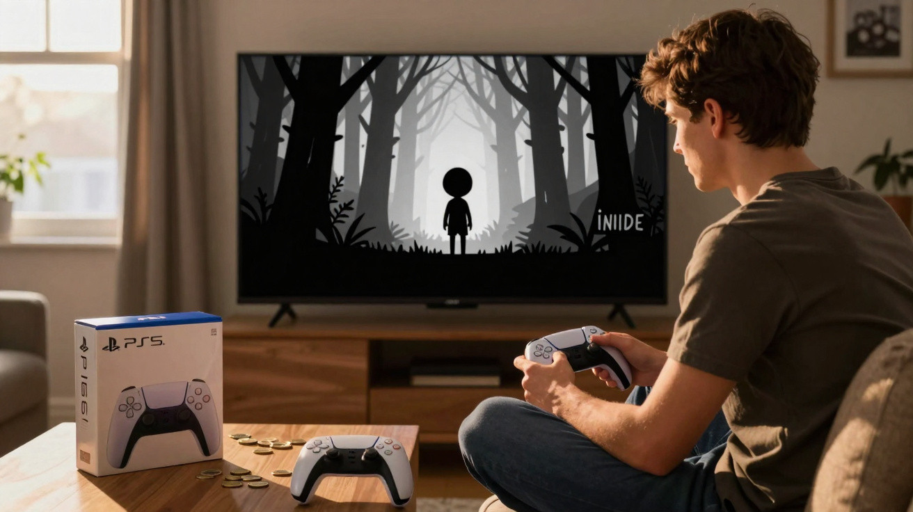 Jovem sentado a jogar videojogo no comando PS5 com ecrã a mostrar silhueta numa floresta escura.