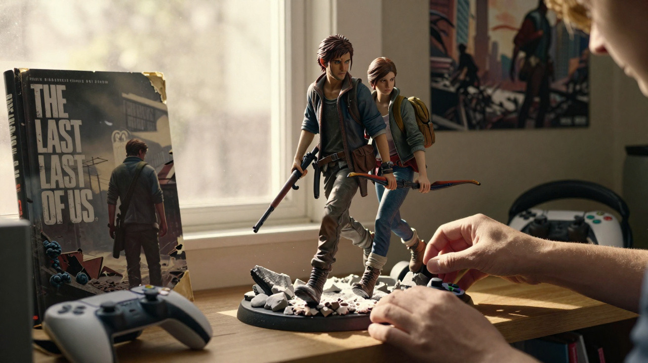 Estátua colecionável de personagens do videojogo The Last of Us numa mesa com comandos de vídeo.
