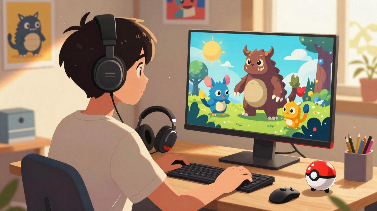Criança com auscultadores a jogar videojogo colorido com personagens animadas num computador.