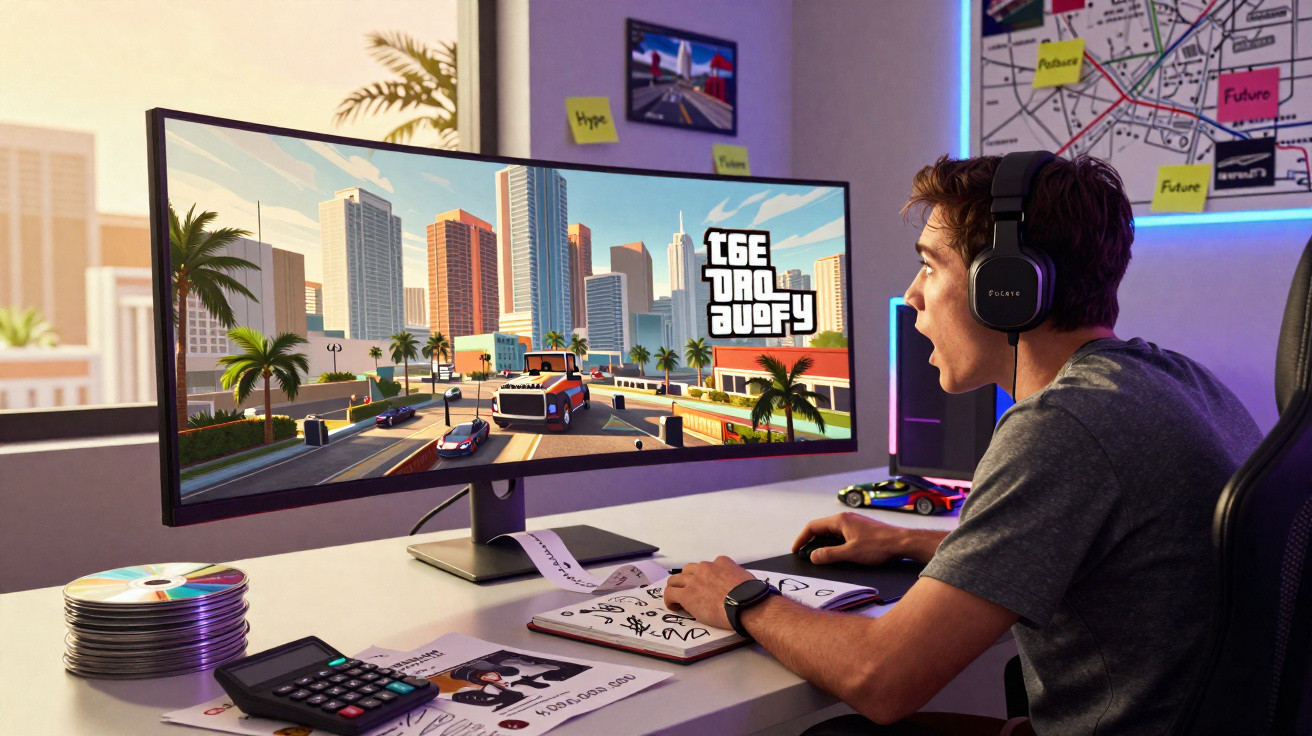 Jovem surpreso a jogar videojogo de carros numa secretária com monitor ultrawide num quarto iluminado.