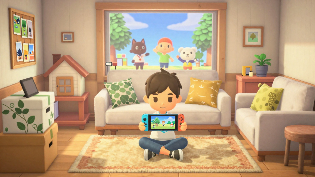 Personagem de videojogo sentado em tapete, segurando consola, com sofá e móveis numa sala acolhedora ao fundo.