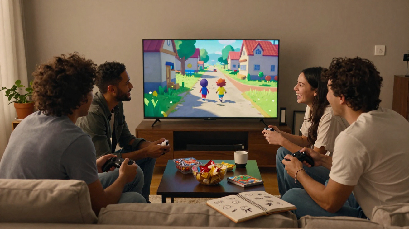 Quatro amigos jogam videojogos numa sala, sentados no sofá, com snacks sobre a mesa diante da televisão.