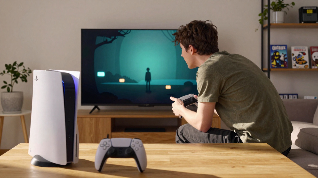 Jovem sentado no sofá a jogar videojogo com comando, consola PlayStation 5 na mesa de madeira.