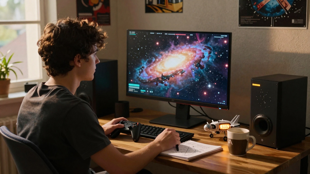 Jovem sentado em secretária com comando, a observar imagem de galáxia numa tela de computador.