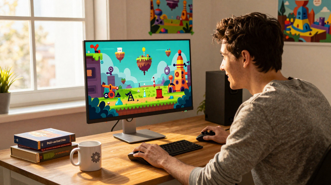 Homem sorridente a jogar videojogo colorido num computador numa mesa de madeira junto a uma janela.