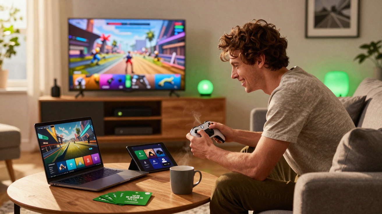 Homem sorridente a jogar videojogos com comando, com computador portátil e tablet numa sala acolhedora.