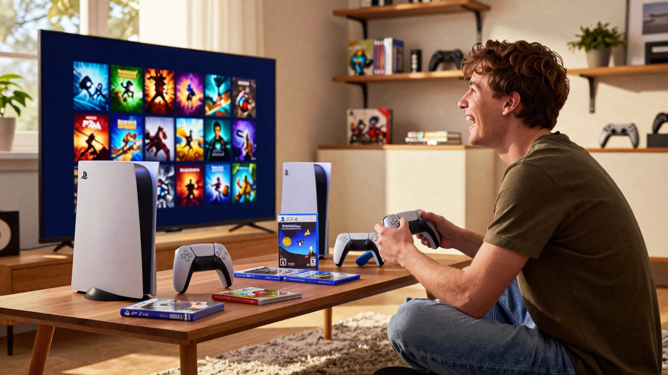 Jovem a jogar videojogos numa consola PlayStation 5 com comando numa sala de estar moderna.