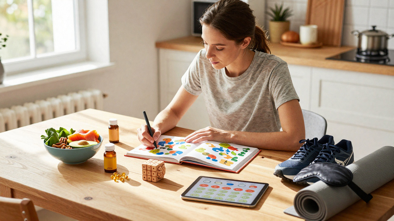 Mulher a planear refeições saudáveis e exercícios numa mesa com alimentos, suplementos, tablet e material de yoga.