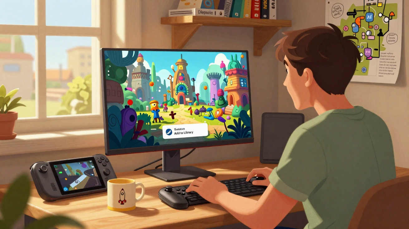 Jovem a jogar videojogo colorido num computador com consola e chávena numa secretária junto a uma janela.