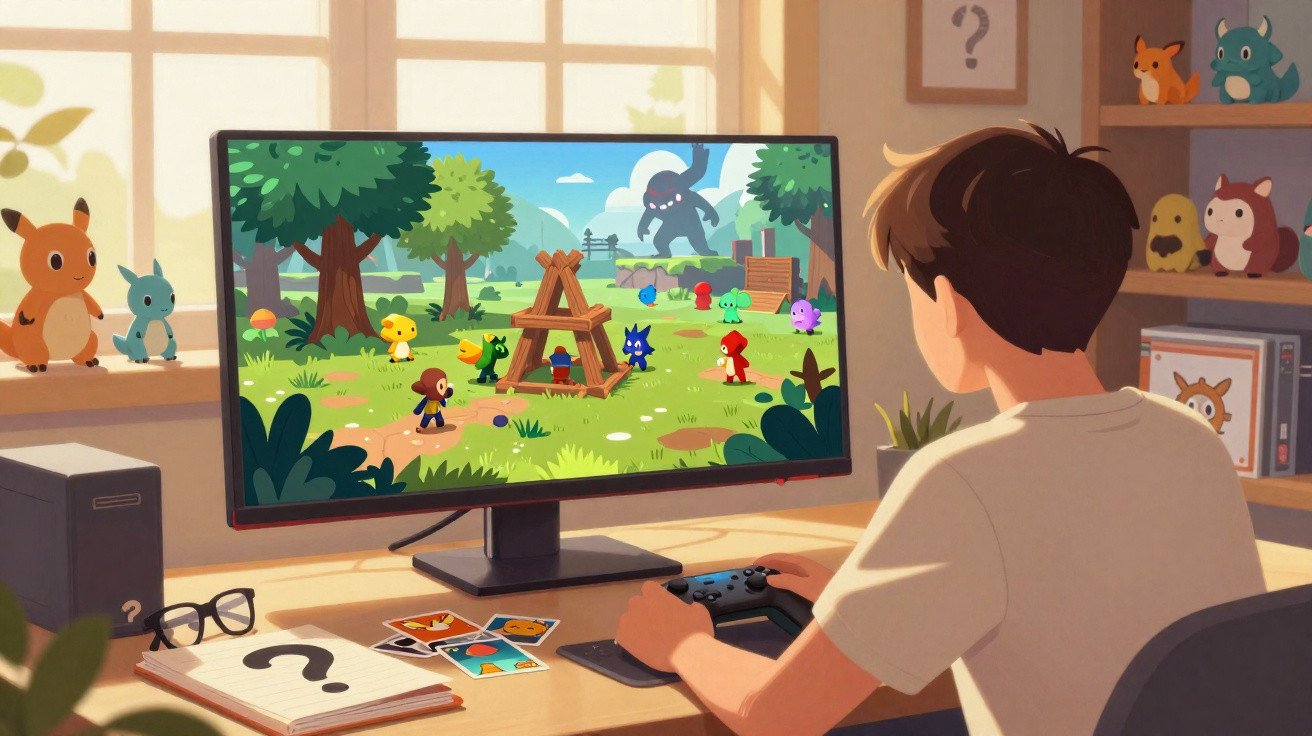 Jovem a jogar videojogo colorido com personagens pequenas num quarto iluminado pelo sol.