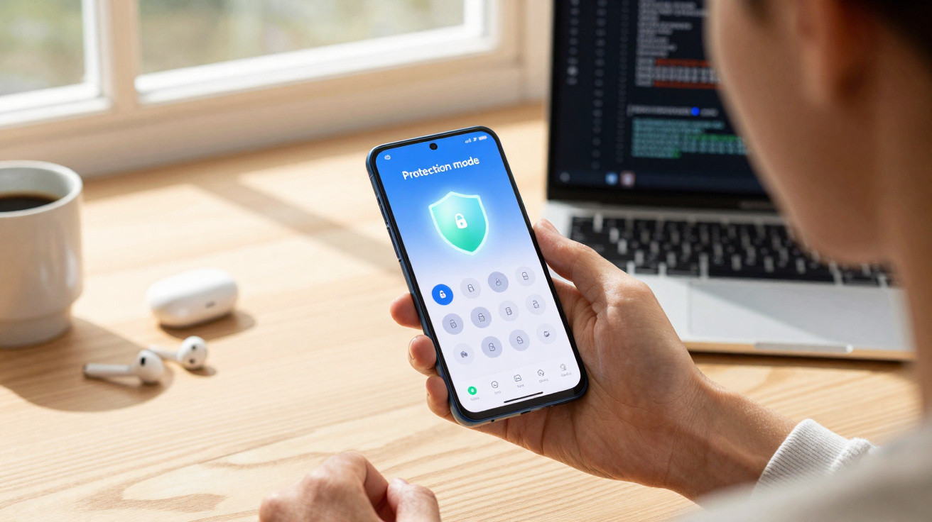 Pessoa a segurar telemóvel com ecrã de modo de proteção e cadeado aberto, em ambiente de trabalho com portátil e auriculares.