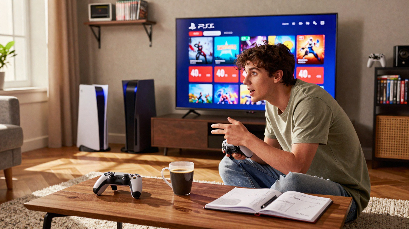 Jovem sentado no chão a jogar videojogos com comando, TV com PS5 na sala iluminada.