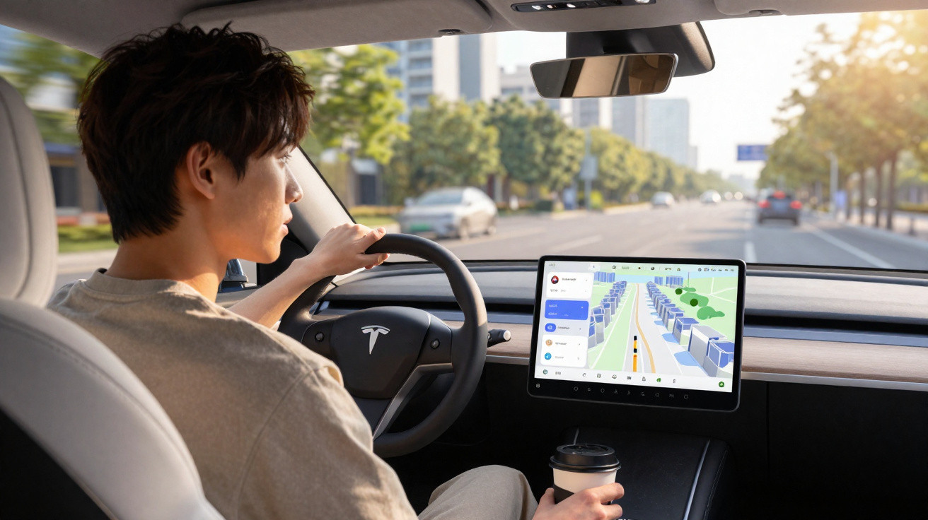 Pessoa a conduzir um carro Tesla com sistema de navegação digital e copo de café na mão direita.
