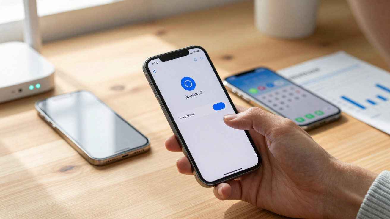 Pessoa segurando um smartphone com opção de dados ativada, e dois telemóveis sobre uma mesa de madeira.
