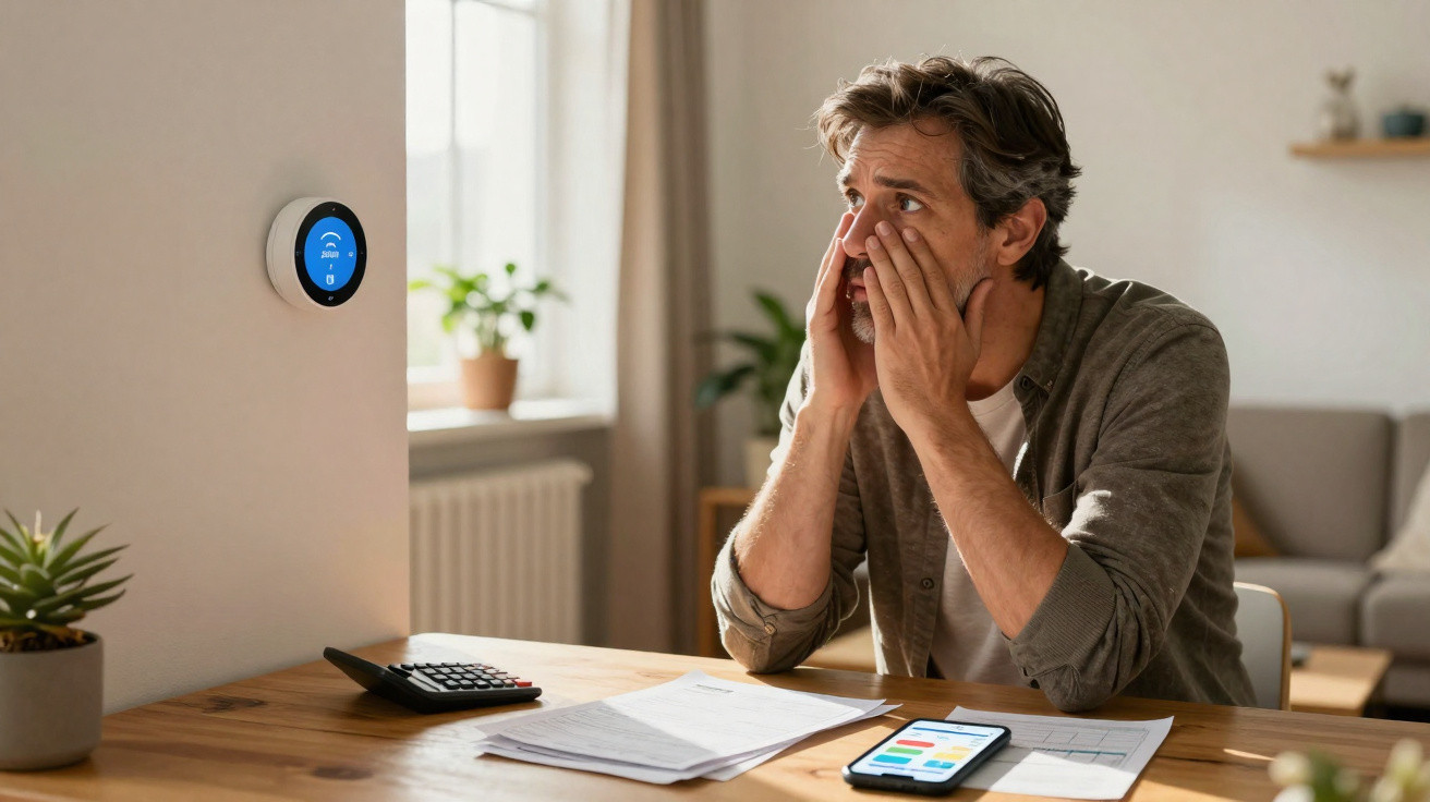 Homem preocupado sentado à mesa com contas, calculadora, smartphone e termóstato inteligente na parede.