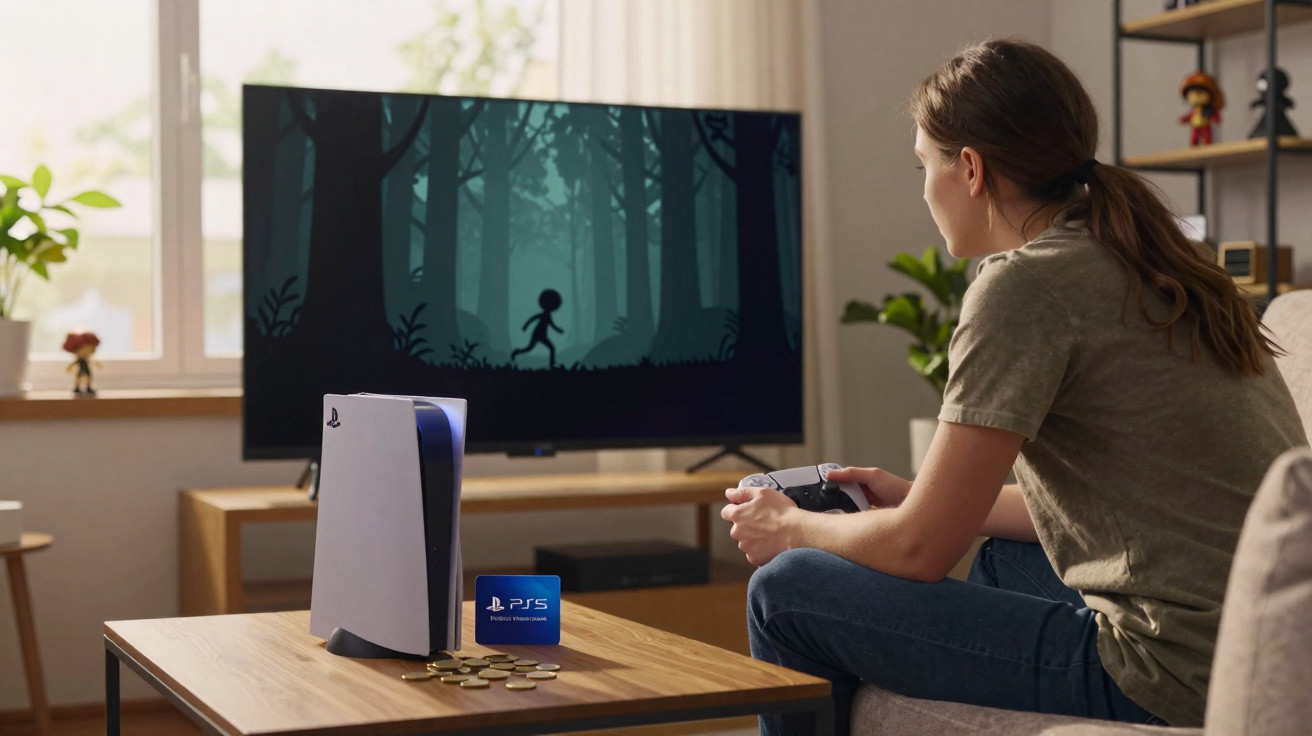 Pessoa sentada a jogar videojogo na televisão, com consola PlayStation 5 e cartão PlayStation Plus na mesa.