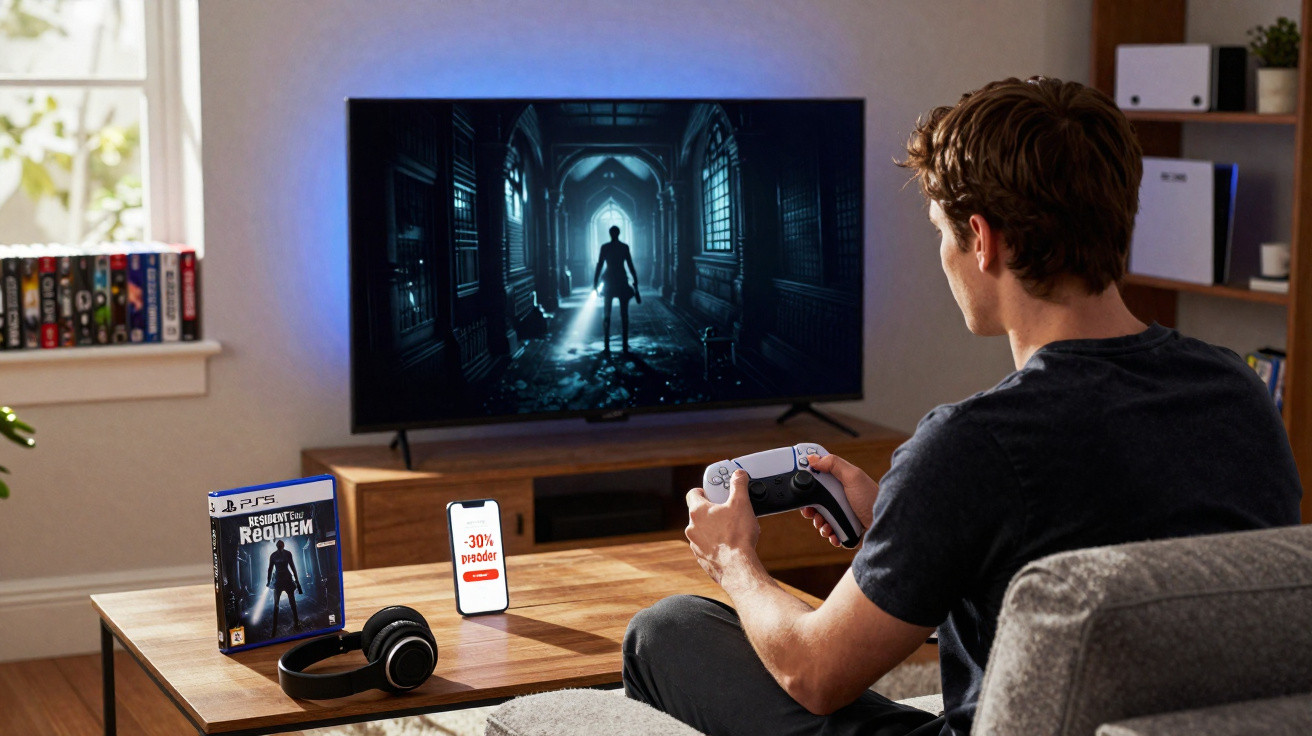 Jovem sentado no sofá a jogar Resident Evil Requiem na TV com comando e auscultadores na mesa à frente.