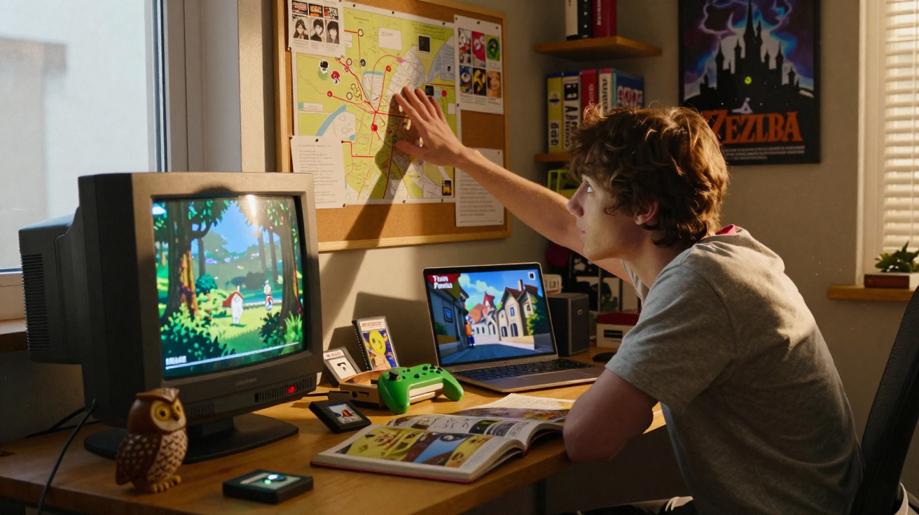 Jovem sentado à secretária investiga mapa com videojogos abertos em computador e televisão retro ao lado.