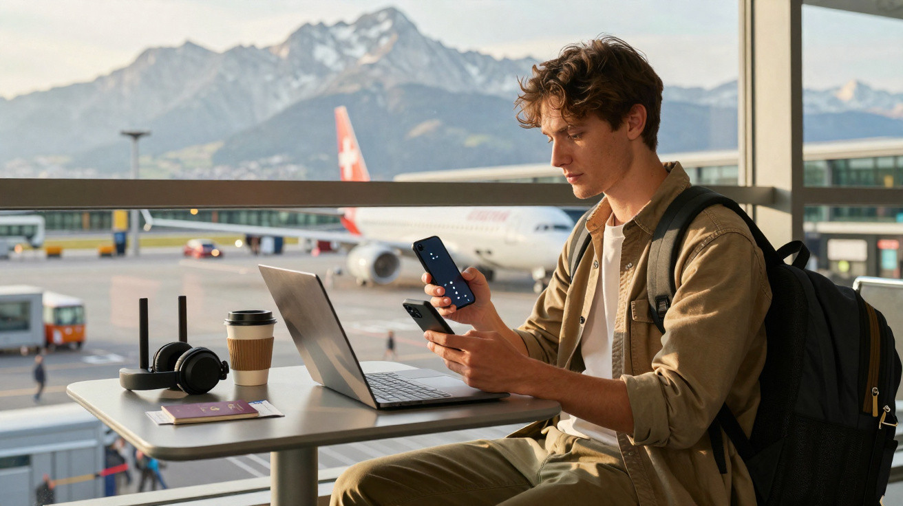 Jovem com mochila sentado no aeroporto, usando telemóveis e computador com avião e montanhas ao fundo.