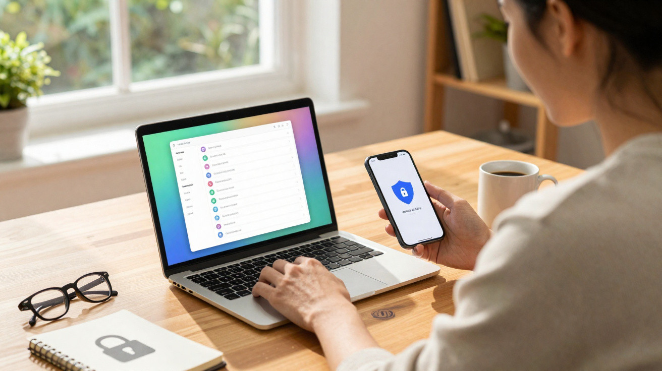 Pessoa a usar laptop e telemóvel num ambiente de trabalho com tema de segurança digital.