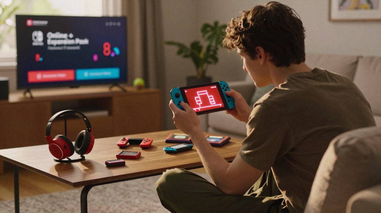 Jovem a jogar Nintendo Switch sentado numa sala com auscultadores e acessórios em cima da mesa à frente.